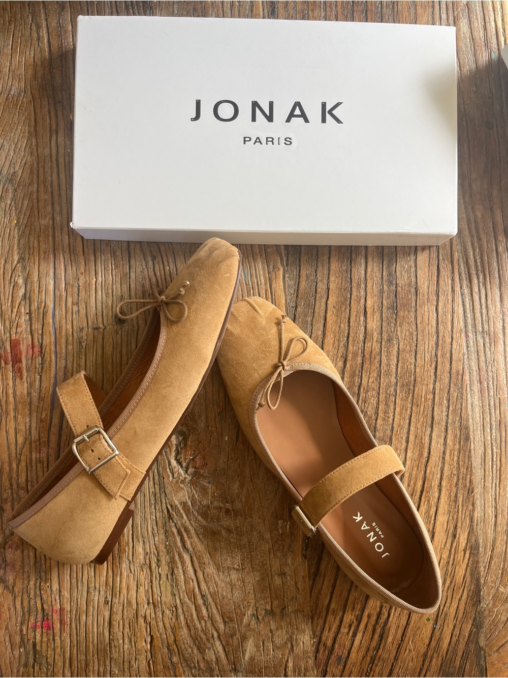 JONAK Tan Suede Mary Jane Ballet Flats with Bow